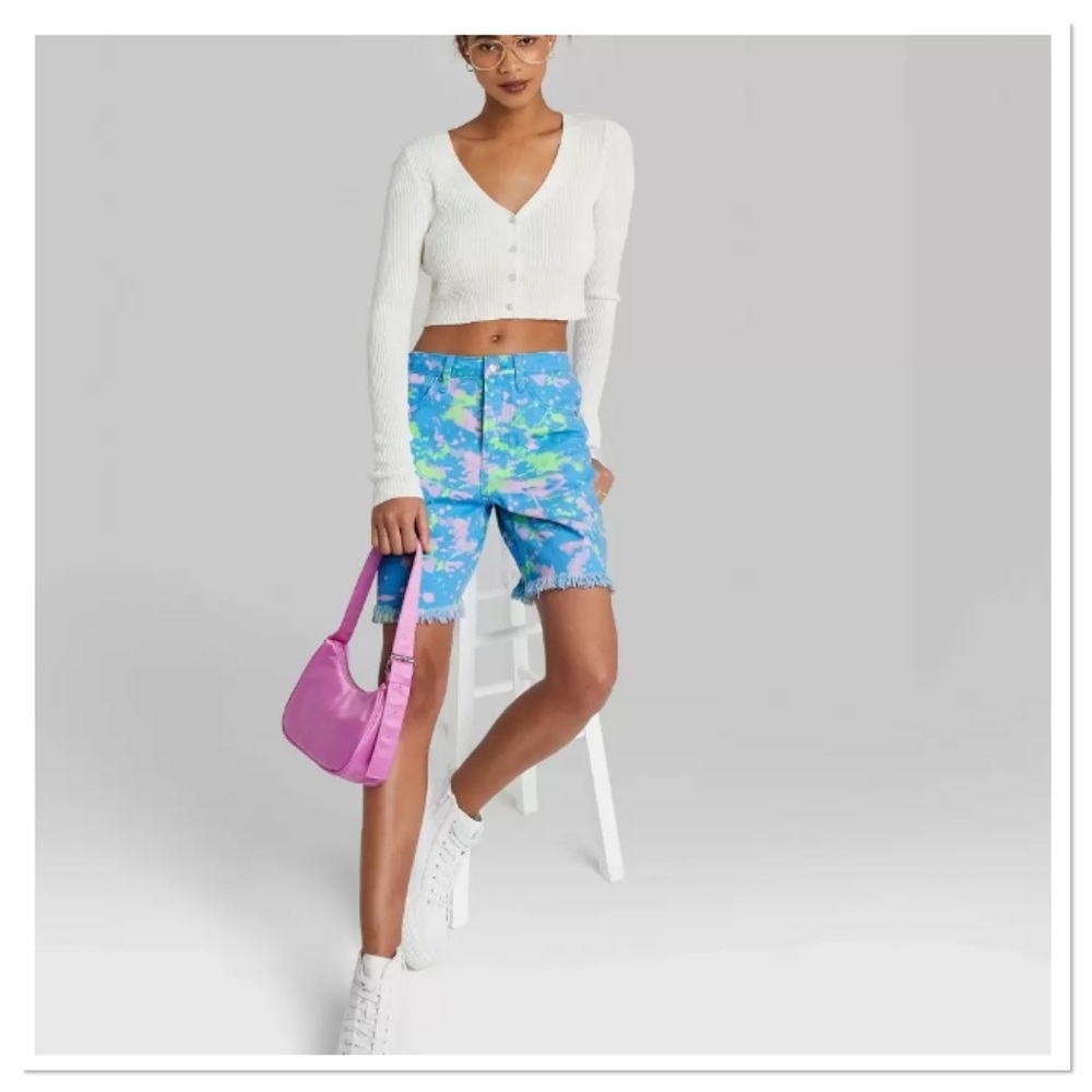 Women’s High Rise Bermuda Shorts Blue Paint Splash Wild Fable